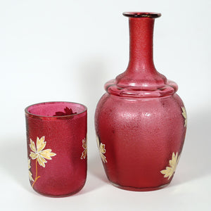 Victorian Cranberry Glass Enamel Carafe Set, Bedside Decanter, Tumble Up, Cup & Saucer