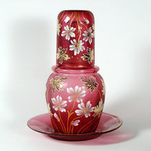 Load image into Gallery viewer, Victorian Cranberry Glass Enamel Carafe Set, Bedside Decanter, Tumble Up, Cup &amp; Saucer
