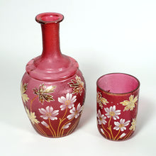 Load image into Gallery viewer, Victorian Cranberry Glass Enamel Carafe Set, Bedside Decanter, Tumble Up, Cup &amp; Saucer
