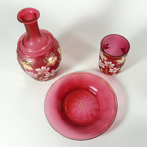 Victorian Cranberry Glass Enamel Carafe Set, Bedside Decanter, Tumble Up, Cup & Saucer