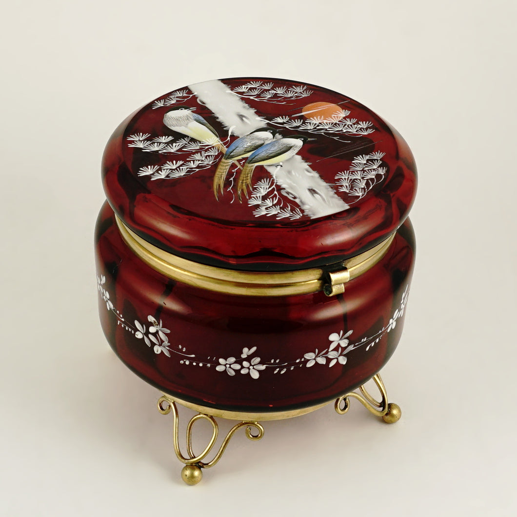 Antique Victorian Bohemian Enamel Ruby Glass Box, Birds, Vanity, Trinket Box, Powder Jar