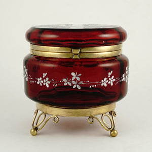 Antique Victorian Bohemian Enamel Ruby Glass Box, Birds, Vanity, Trinket Box, Powder Jar