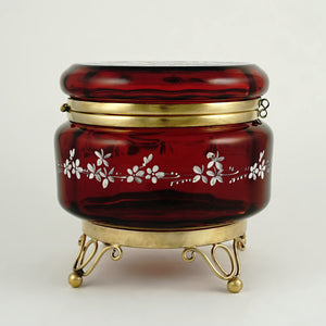 Antique Victorian Bohemian Enamel Ruby Glass Box, Birds, Vanity, Trinket Box, Powder Jar