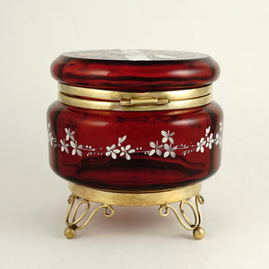 Antique Victorian Bohemian Enamel Ruby Glass Box, Birds, Vanity, Trinket Box, Powder Jar