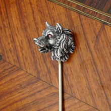 Load image into Gallery viewer, Antique Victorian Silver Wolf Head Stick Pin Lapel Pin, Pink Cabochon Eye
