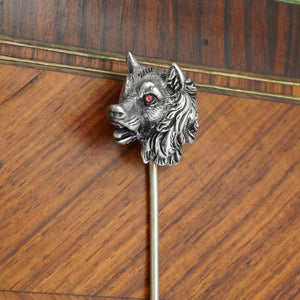 Antique Victorian Silver Wolf Head Stick Pin Lapel Pin, Pink Cabochon Eye