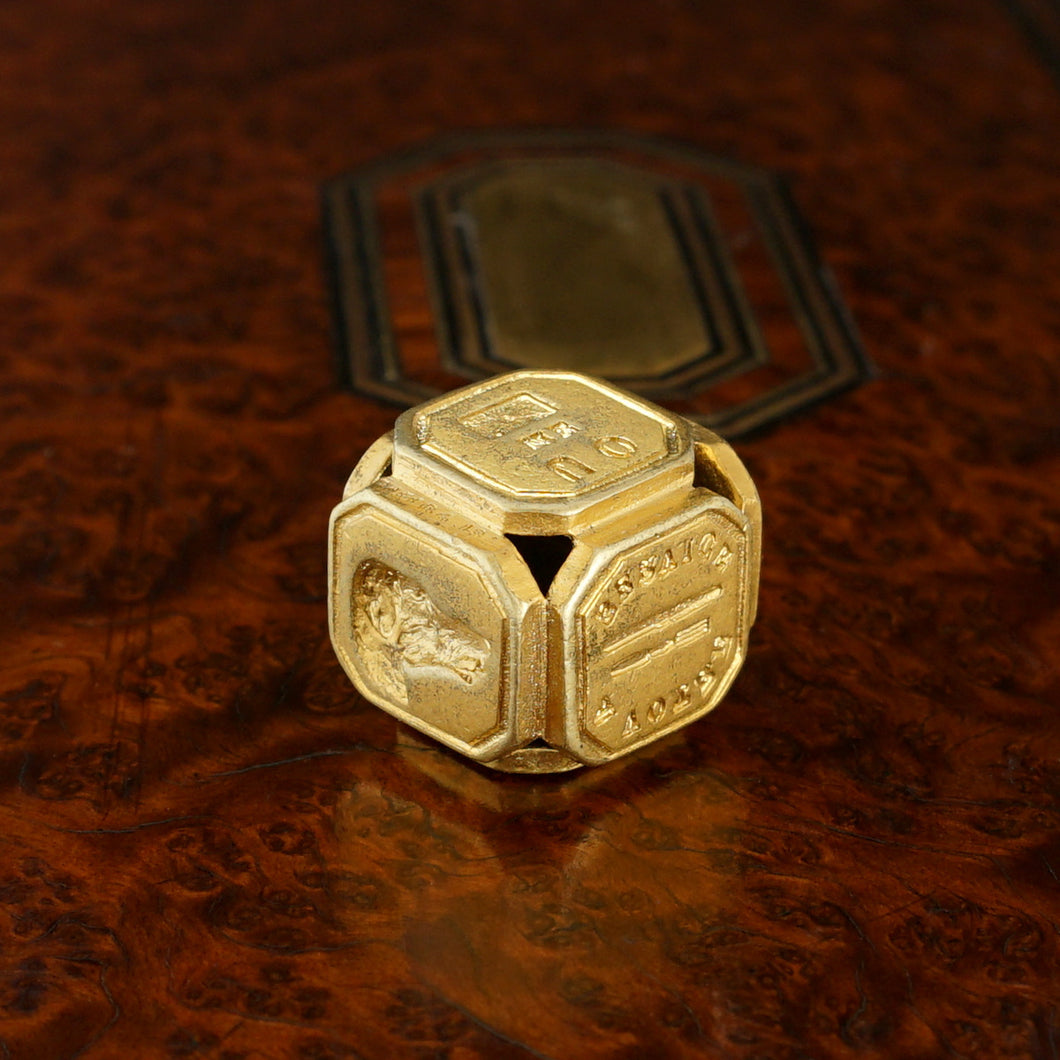 Antique Victorian Wax Seal Cube, Multiple Intaglio Matrices, Letter Envelope Gilt Brass Desk Stamp