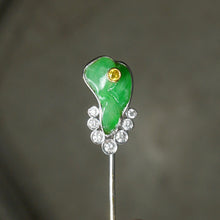 Load image into Gallery viewer, Art Deco Carved Jade &amp; Yellow Diamond 18K Gold Stick Pin
