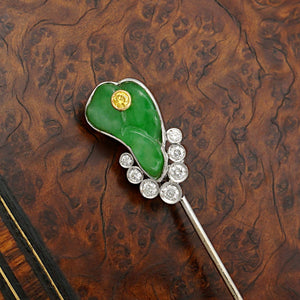 Art Deco Carved Jade & Yellow Diamond 18K Gold Stick Pin