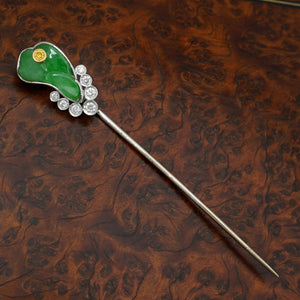 Art Deco Carved Jade & Yellow Diamond 18K Gold Stick Pin