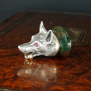 Antique Victorian Silver & Gold Wolf Wax Seal, Ruby Eyes, Bloodstone Matrix