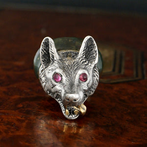 Antique Victorian Silver & Gold Wolf Wax Seal, Ruby Eyes, Bloodstone Matrix