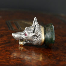 Load image into Gallery viewer, Antique Victorian Silver &amp; Gold Wolf Wax Seal, Ruby Eyes, Bloodstone Matrix
