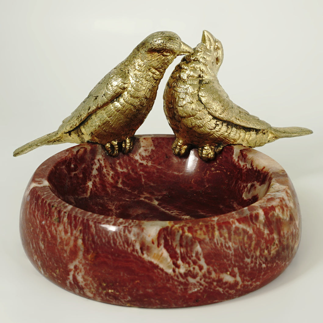 Art Deco Gilt Bronze Marble Birds Figural Trinket Dish Bowl
