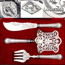 Load image into Gallery viewer, Napoleon III era French Sterling Silver 3pc Asparagus Server, Fish Knife &amp; Fork Serving Set
