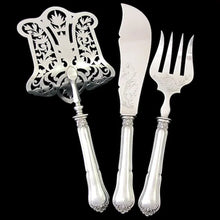 Load image into Gallery viewer, Napoleon III era French Sterling Silver 3pc Asparagus Server, Fish Knife &amp; Fork Serving Set
