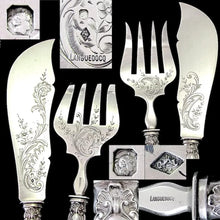 Load image into Gallery viewer, Napoleon III era French Sterling Silver 3pc Asparagus Server, Fish Knife &amp; Fork Serving Set
