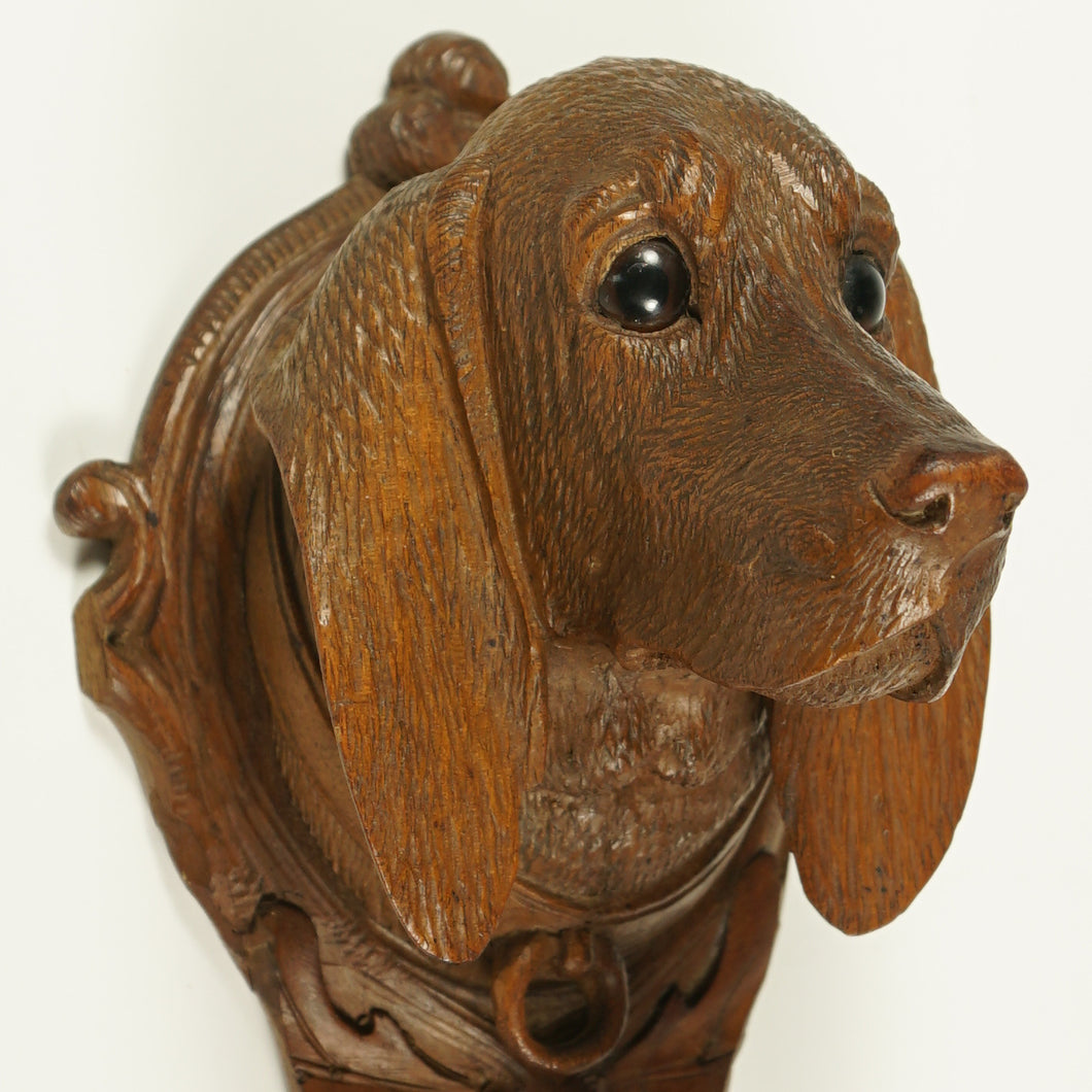 Antique Black Forest Hand Carved Wood Figural Dog Head Coat Hook, Wall Mount, Glass Eyes