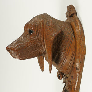 Antique Black Forest Hand Carved Wood Figural Dog Head Coat Hook, Wall Mount, Glass Eyes