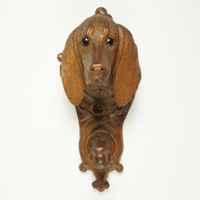 Load image into Gallery viewer, Antique Black Forest Hand Carved Wood Figural Dog Head Coat Hook, Wall Mount, Glass Eyes
