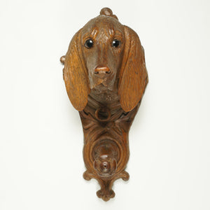 Antique Black Forest Hand Carved Wood Figural Dog Head Coat Hook, Wall Mount, Glass Eyes