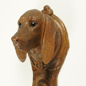 Antique Black Forest Hand Carved Wood Figural Dog Head Coat Hook, Wall Mount, Glass Eyes