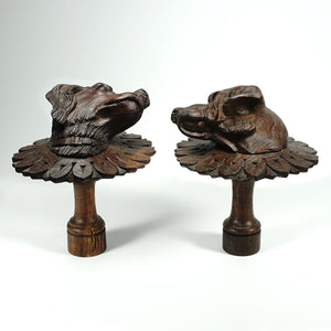 Pair Antique Victorian Black Forest Carved Wood Dog Head Curtain Tiebacks Holdbacks