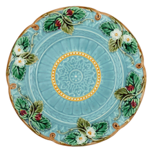 Load image into Gallery viewer, Antique French Majolica Sarreguemines Blue Plate with Strawberries
