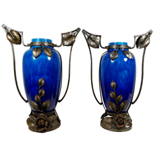 Load image into Gallery viewer, PAIR Large Art Deco French Paul Milet Sevres Ceramic Vases Blue Flambe Glaze
