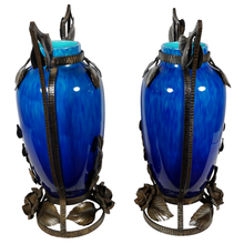 Load image into Gallery viewer, PAIR Large Art Deco French Paul Milet Sevres Ceramic Vases Blue Flambe Glaze
