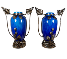 Load image into Gallery viewer, PAIR Large Art Deco French Paul Milet Sevres Ceramic Vases Blue Flambe Glaze
