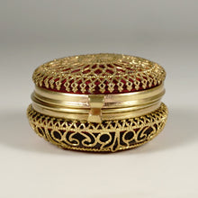 Load image into Gallery viewer, Antique Victorian Ruby Glass Pill Box Ormolu Filigree
