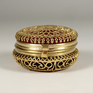 Antique Victorian Ruby Glass Pill Box Ormolu Filigree