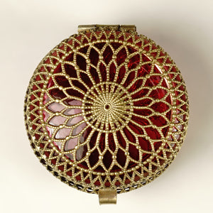 Antique Victorian Ruby Glass Pill Box Ormolu Filigree