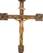 Load image into Gallery viewer, Antique Black Forest Carved Wood Crucifix Corpus Christi Jesus Christ Religious Hand Carved Altar Piece

