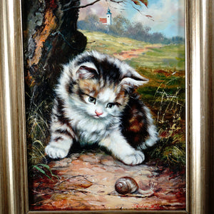 Portrait of a Kitten with Snail, Oil Painting by German Artist Inge Gruber-Böhm