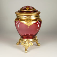 Load image into Gallery viewer, Antique Bohemian Moser Cranberry Glass Raised Gilt Enamel Box Powder Jar
