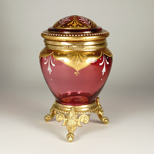 Antique Bohemian Moser Cranberry Glass Raised Gilt Enamel Box Powder Jar