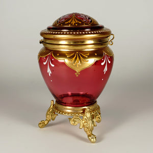 Antique Bohemian Moser Cranberry Glass Raised Gilt Enamel Box Powder Jar