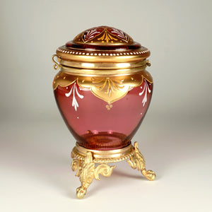 Antique Bohemian Moser Cranberry Glass Raised Gilt Enamel Box Powder Jar