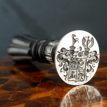 Load image into Gallery viewer, Antique French Wax Seal Desk Stamp, Crowned Armorial Heraldic Coat of Arms Iron &amp; Ebonized Wood Handle
