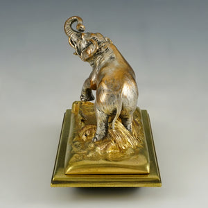 Antique French Silvered & Gilt Bronze Elephant Inkwell & Ink Blotter Animalier Desk Set