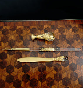 Antique French Empire Dore Bronze & Crystal Desk Set, Wax Seal, Pen, Book Mark, Neoclassical