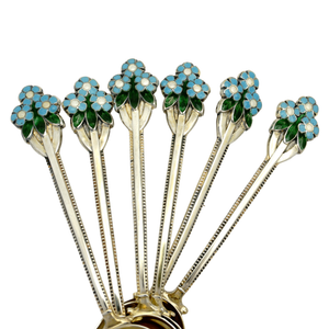 Vintage Turner & Simpson Set 6 England Sterling Silver Enamel Spoons Demitasse Coffee Expresso