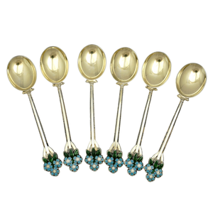 Vintage Turner & Simpson Set 6 England Sterling Silver Enamel Spoons Demitasse Coffee Expresso
