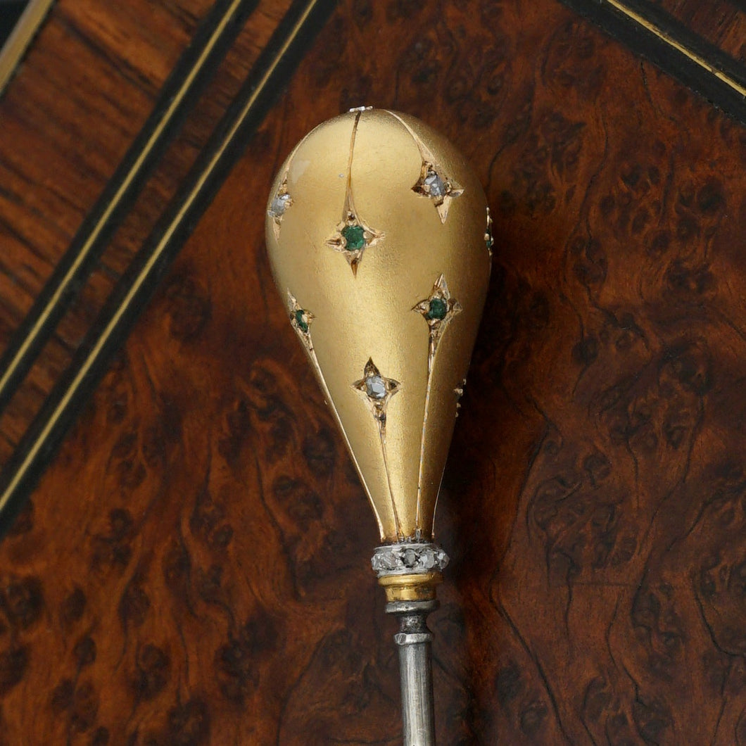 Antique French 18K Gold Rose Cut Diamonds & Emeralds Hat Stick Pin Brooch, Hot Air Balloon
