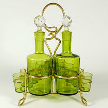 Load image into Gallery viewer, Antique French Baccarat Crystal Green Chartreuse Liquor Service Tantalus Whiskey Set, Bronze Caddy
