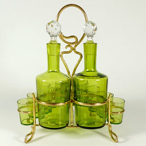 Antique French Baccarat Crystal Green Chartreuse Liquor Service Tantalus Whiskey Set, Bronze Caddy