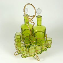 Load image into Gallery viewer, Antique French Baccarat Crystal Green Chartreuse Liquor Service Tantalus Whiskey Set, Bronze Caddy
