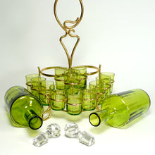 Load image into Gallery viewer, Antique French Baccarat Crystal Green Chartreuse Liquor Service Tantalus Whiskey Set, Bronze Caddy
